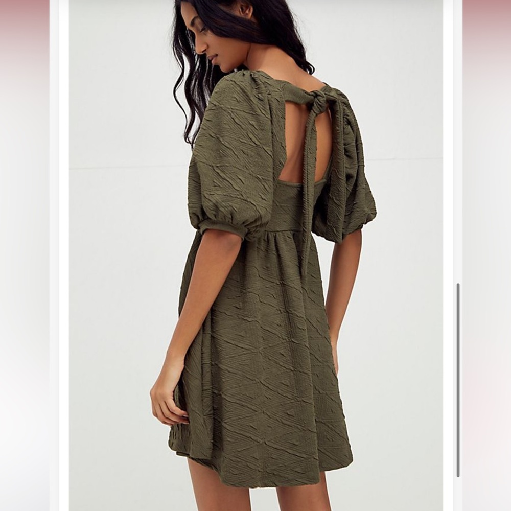 Free People Olive Green Textured Puff Sleeve Mini Dress - Picture 2 of 12